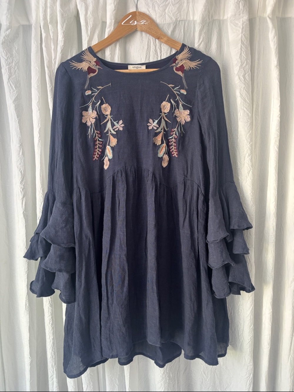 Boho  Umgee Navy Floral Embroidered Ruffle Sleeve Tunic Dress